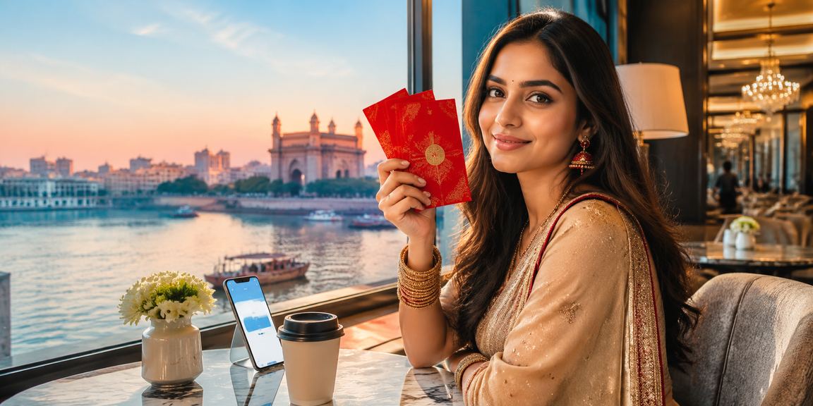Indian player celebrating online bonuses on mobile phone
